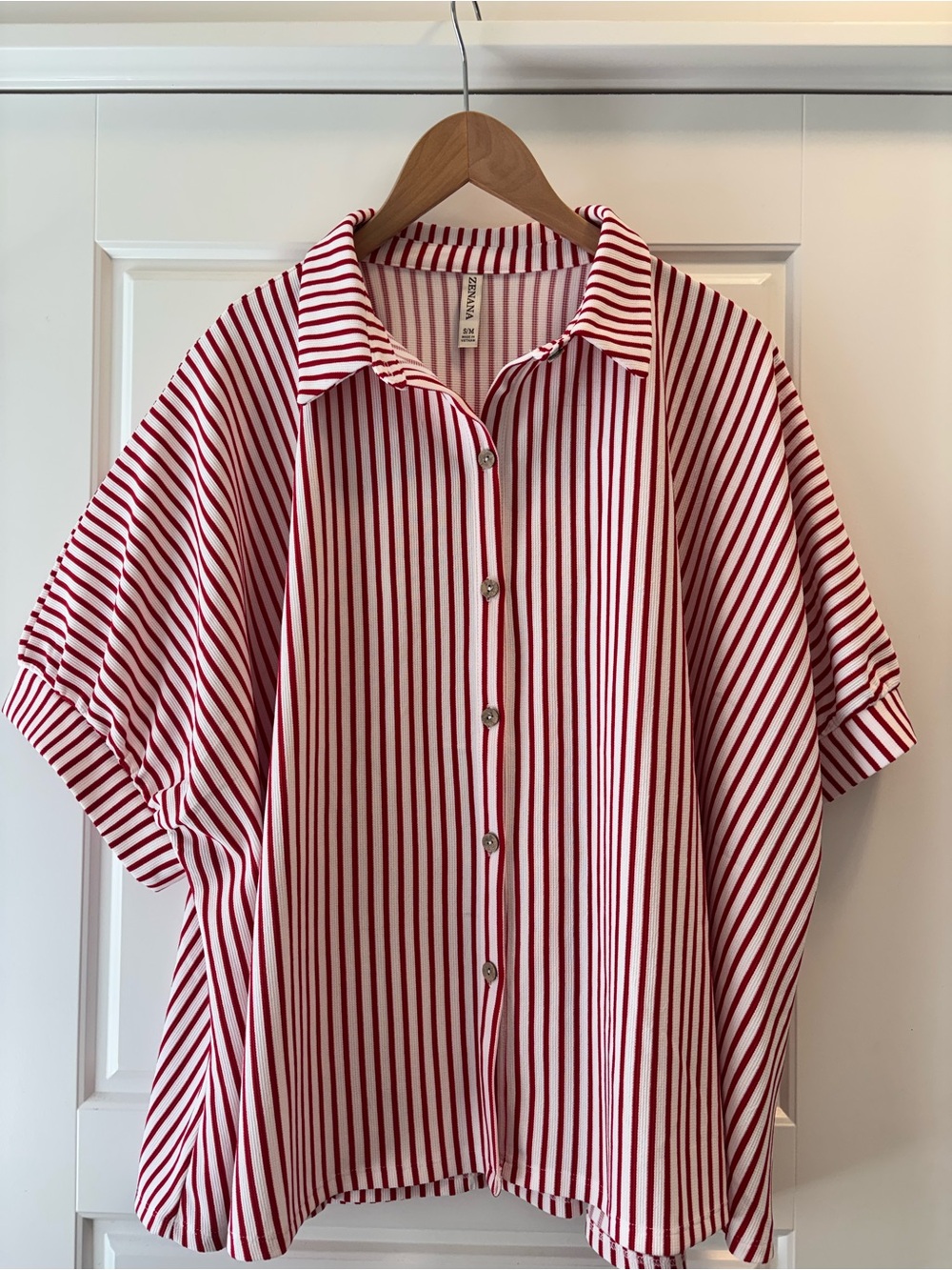 Zenana Outfitters Red and White Striped Button-Up Top